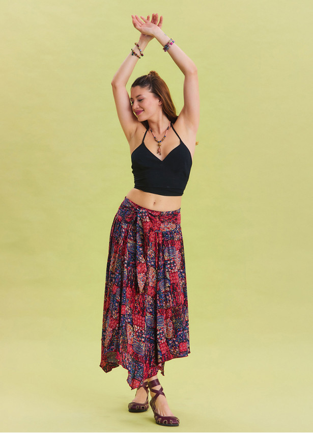 Red Casual Skirt with Gipe Detail and Tied Waist 4504